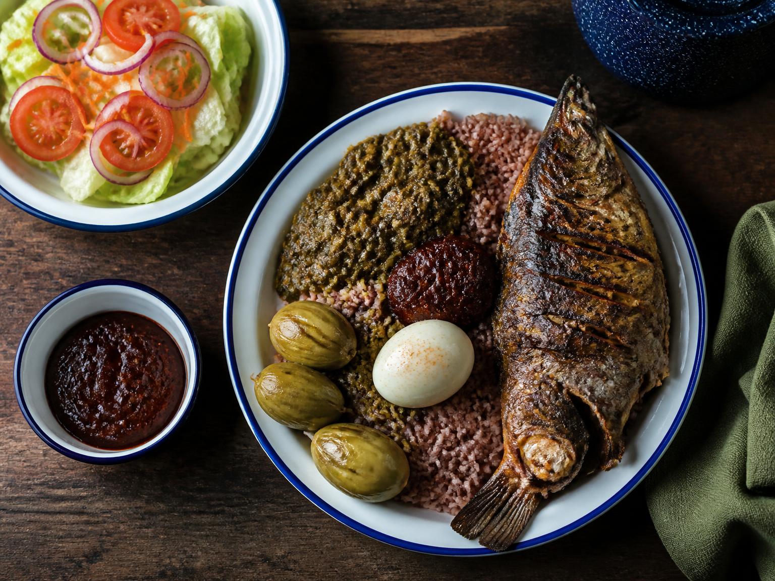 A plate of waakye with grilled tilapia, kontomire stew, garden eggs, boiled egg and fresh salad