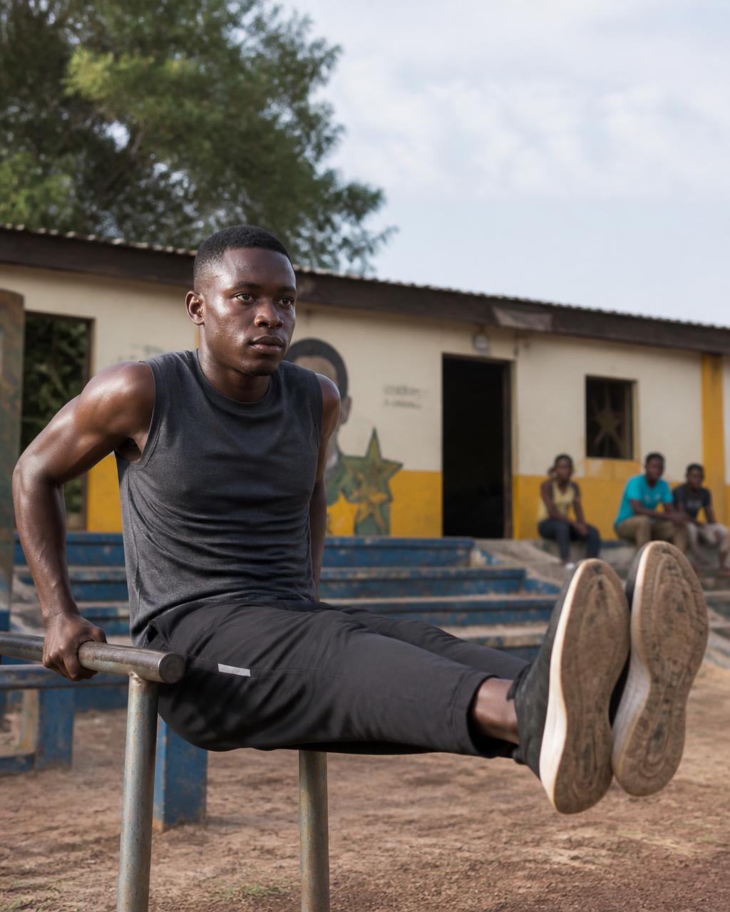 A Ghanaian man doing bodyweight strength training on parallel bars in a community sports ground